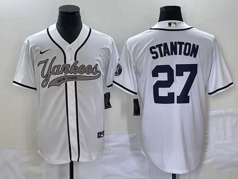 Men%27s New York Yankees #27 Giancarlo Stanton White With Patch Cool Base Stitched Baseball Jersey->new york yankees->MLB Jersey